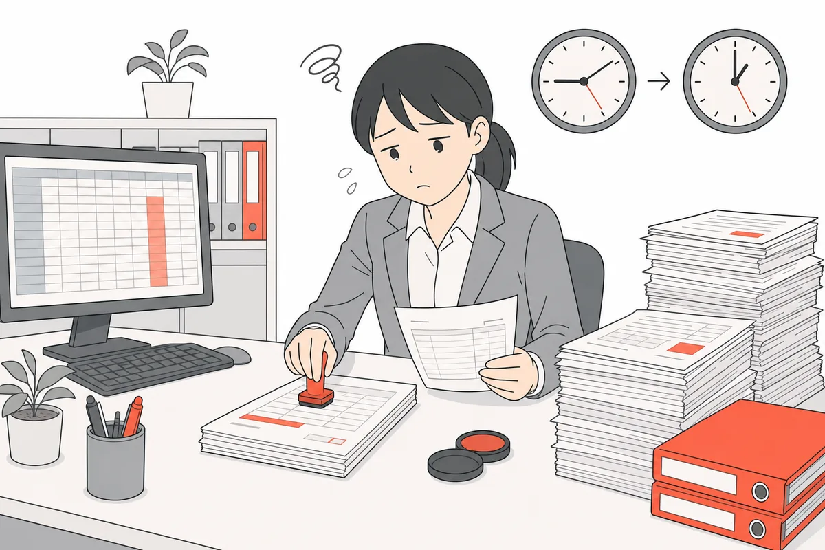 売上表を見ながら請求書を1件ずつ作る事務担当者