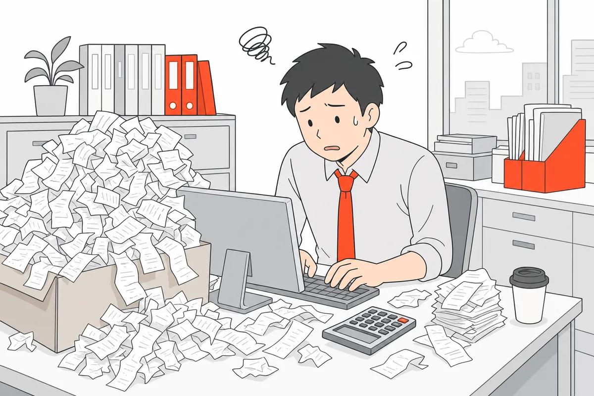 月末に領収書の山を手入力で処理する担当者