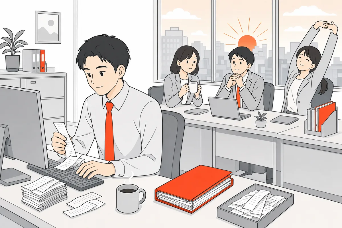 朝イチに前日の売上を集計する事務所の様子