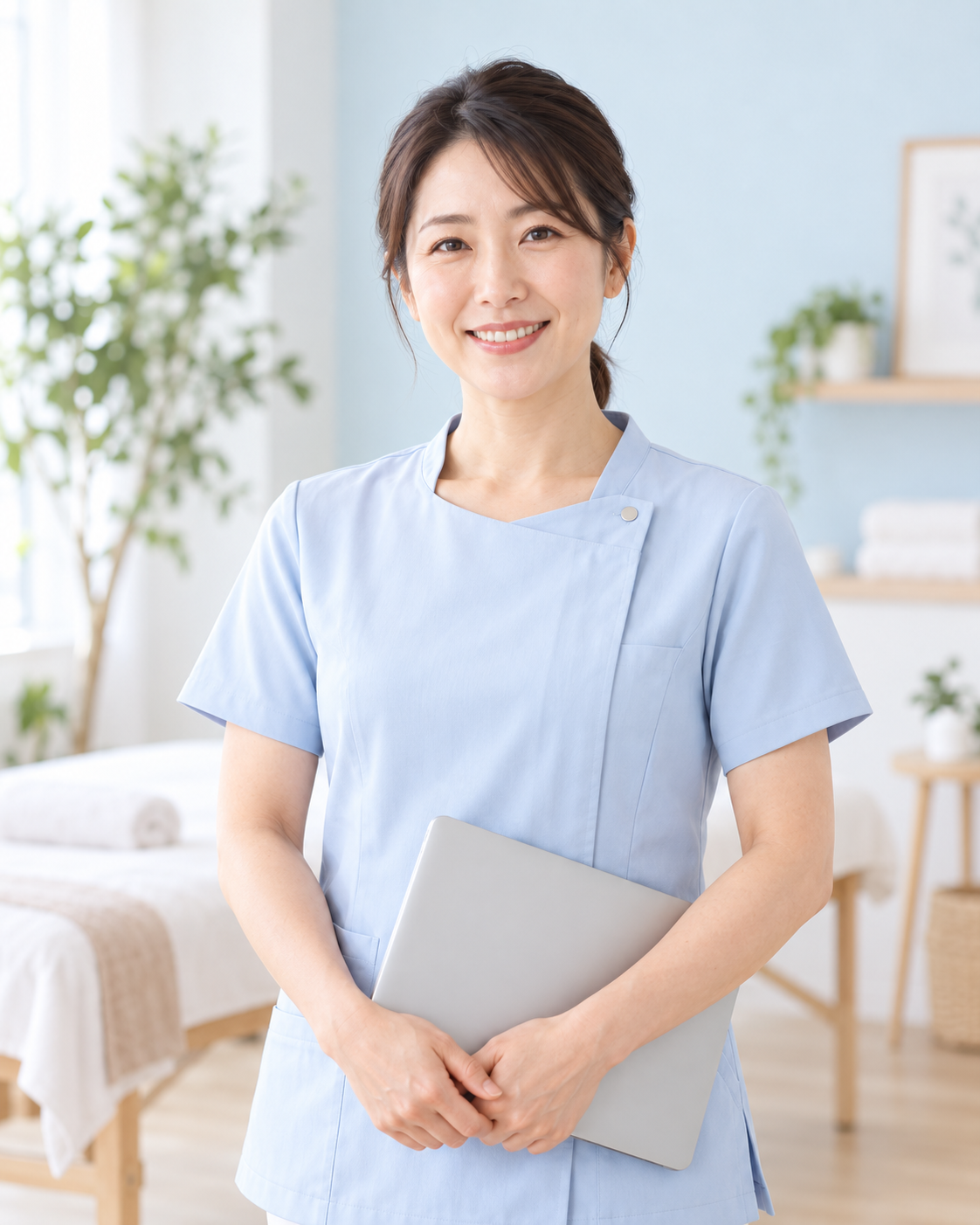 明るい施術室でノートパソコンを持つ女性施術師。AI生成によるイメージです。