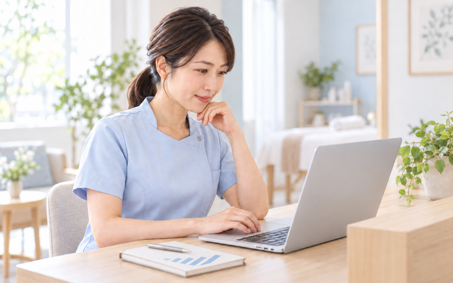 集客の資料をノートパソコンで確認する女性施術師。AI生成によるイメージです。