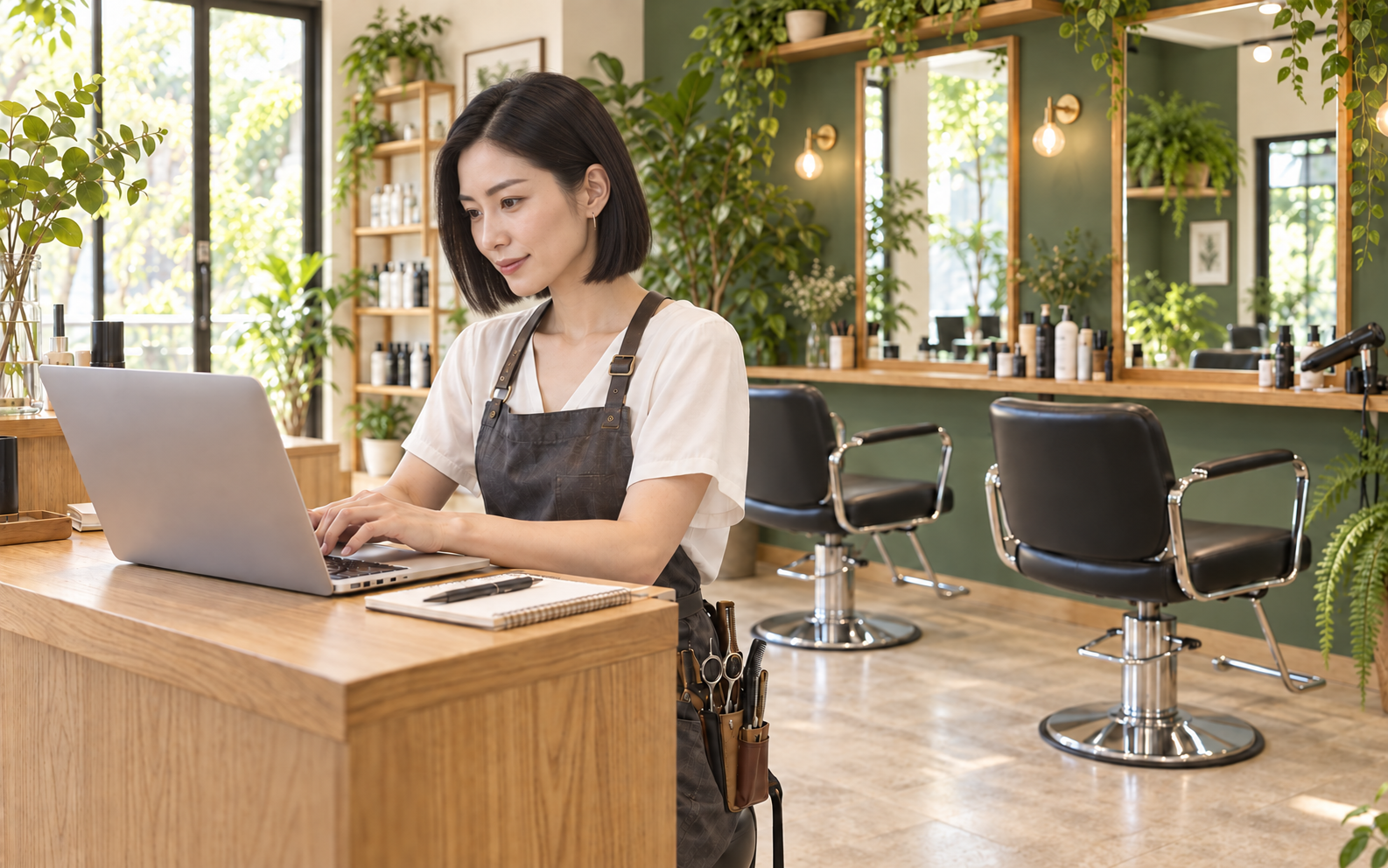 植物と深緑の壁がある美容室で、ノートパソコンを使い記事を書く黒髪ボブの女性美容師。AI生成によるイメージです。