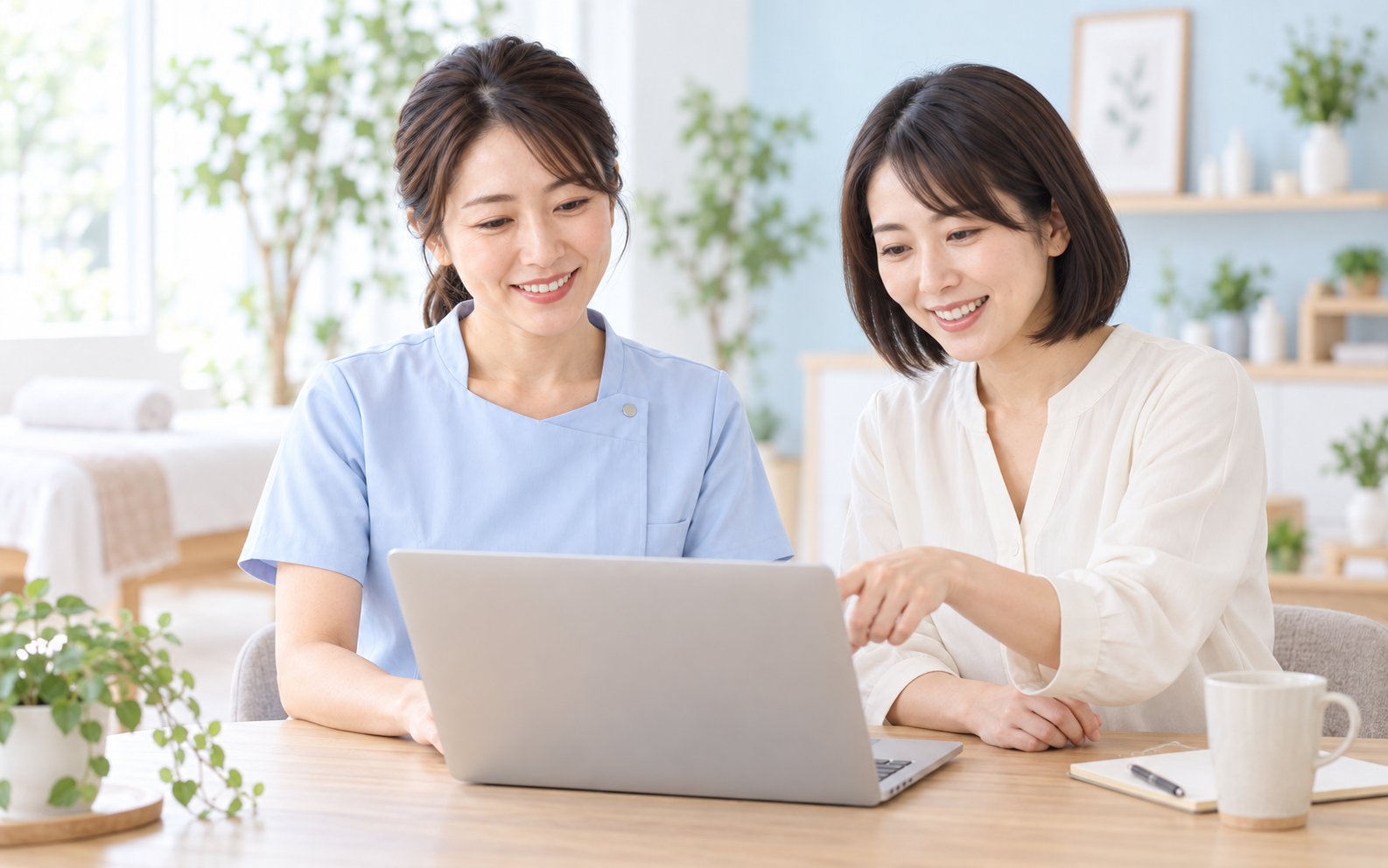 女性施術師と女性サポート担当が並び、ノートパソコンの設定を確認する場面。AI生成によるイメージです。
